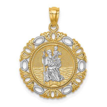 14K and White Rhodium Solid St. Christopher Medal Fancy Edge Round Pendant