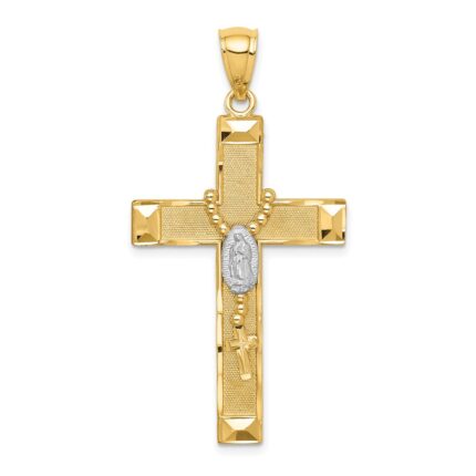 14K and White Rhodium Solid Cross with Rosary Pendant