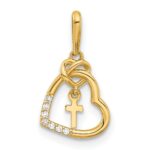 14k Polished CZ Heart with Cross Dangle Pendant