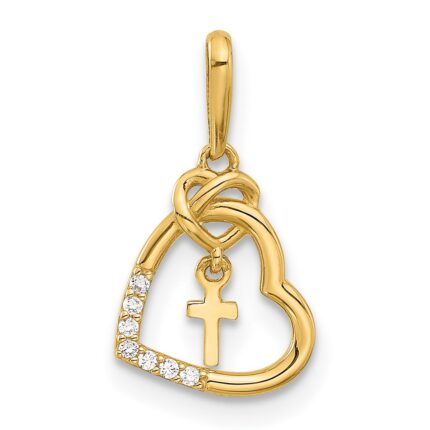 14k Polished CZ Heart with Cross Dangle Pendant