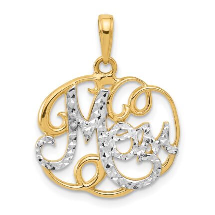 14k and White Rhodium Diamond-cut MOM in Fancy Pendant
