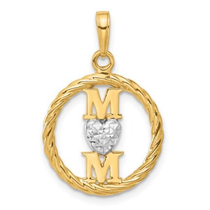 14k and White Rhodium Diamond-cut Heart MOM Pendant
