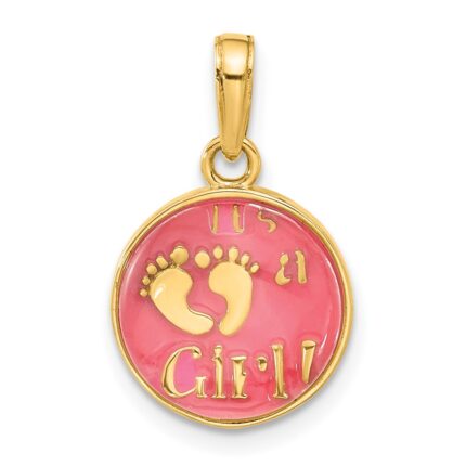 14K Polished with Pink Enamel and Clear Epoxy Resin It's A Girl Pendant