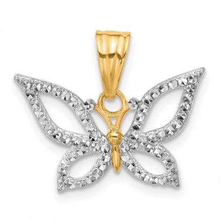 14K and White Rhodium Polished and Diamond-cut Butterfly Pendant