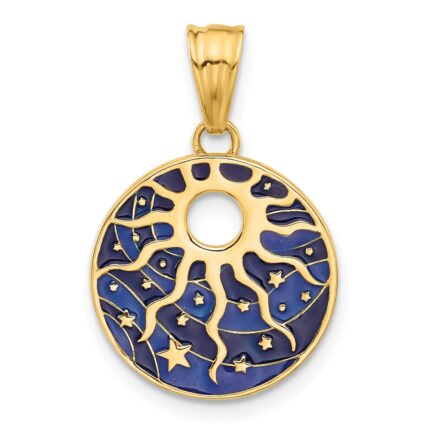 14K Polished Blue Enameled Sun and Stars Pendant