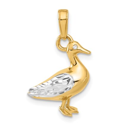 14K and White Rhodium Diamond-cut 3-D Duck Pendant