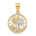 14K with White Rhodium Ocean and Palm Tree Round Pendant
