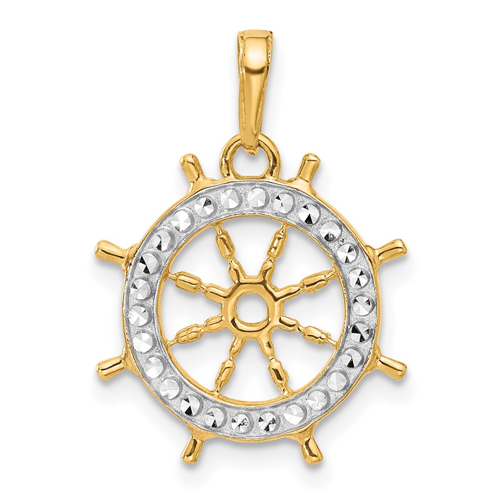 C4921.jpg 14k and White Rhodium Diamond-cut Ship's Wheel Pendant - Image 1