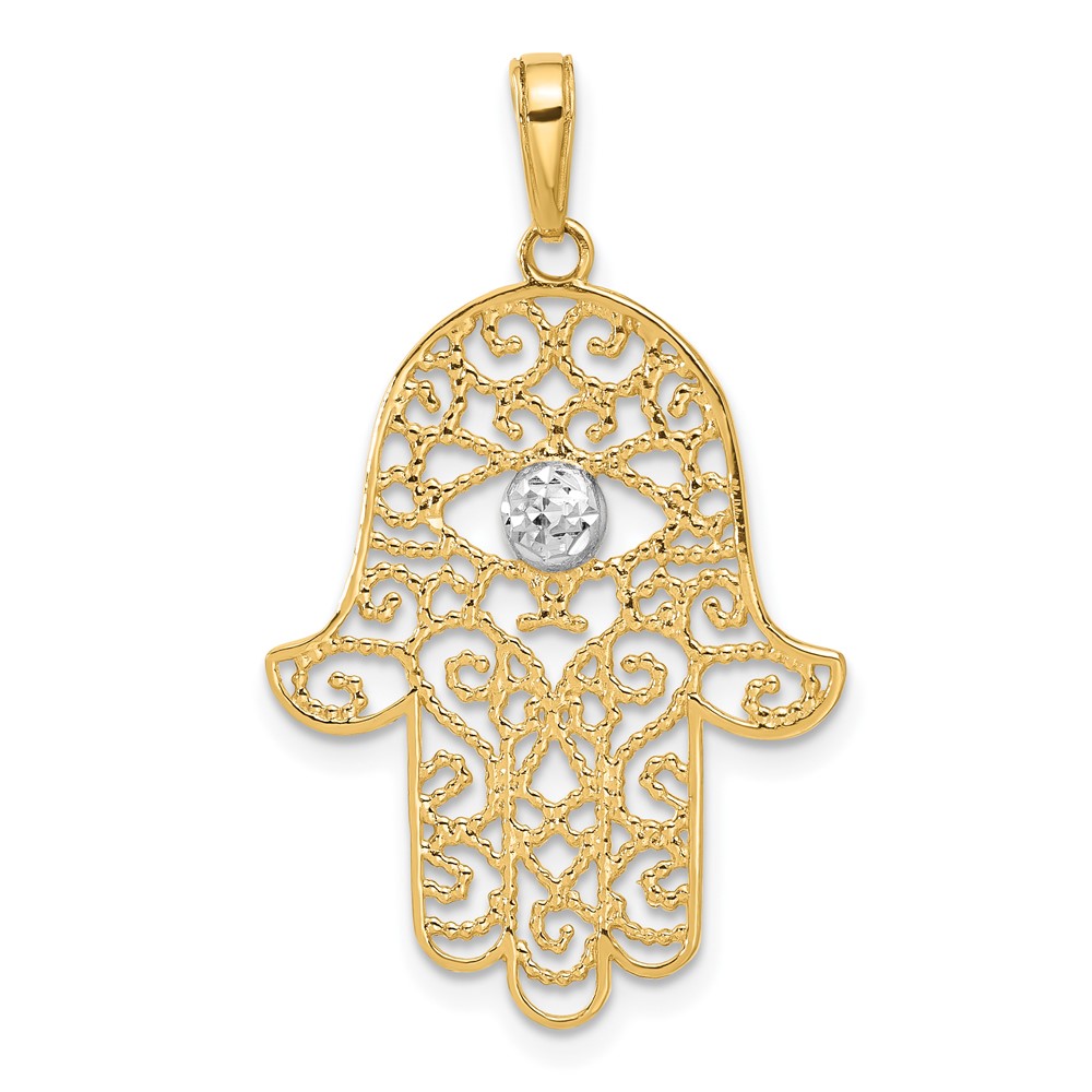 C4976.jpg 14k and White Rhodium Diamond-cut Filigree Hamsa Pendant - Image 1