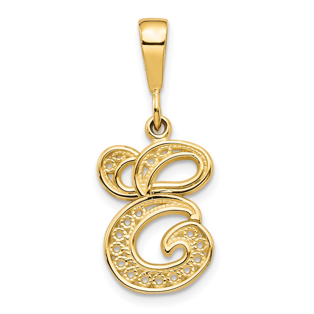 C569E.jpg 14KY Polished Script Filigree Letter E Initial Pendant - Image 1