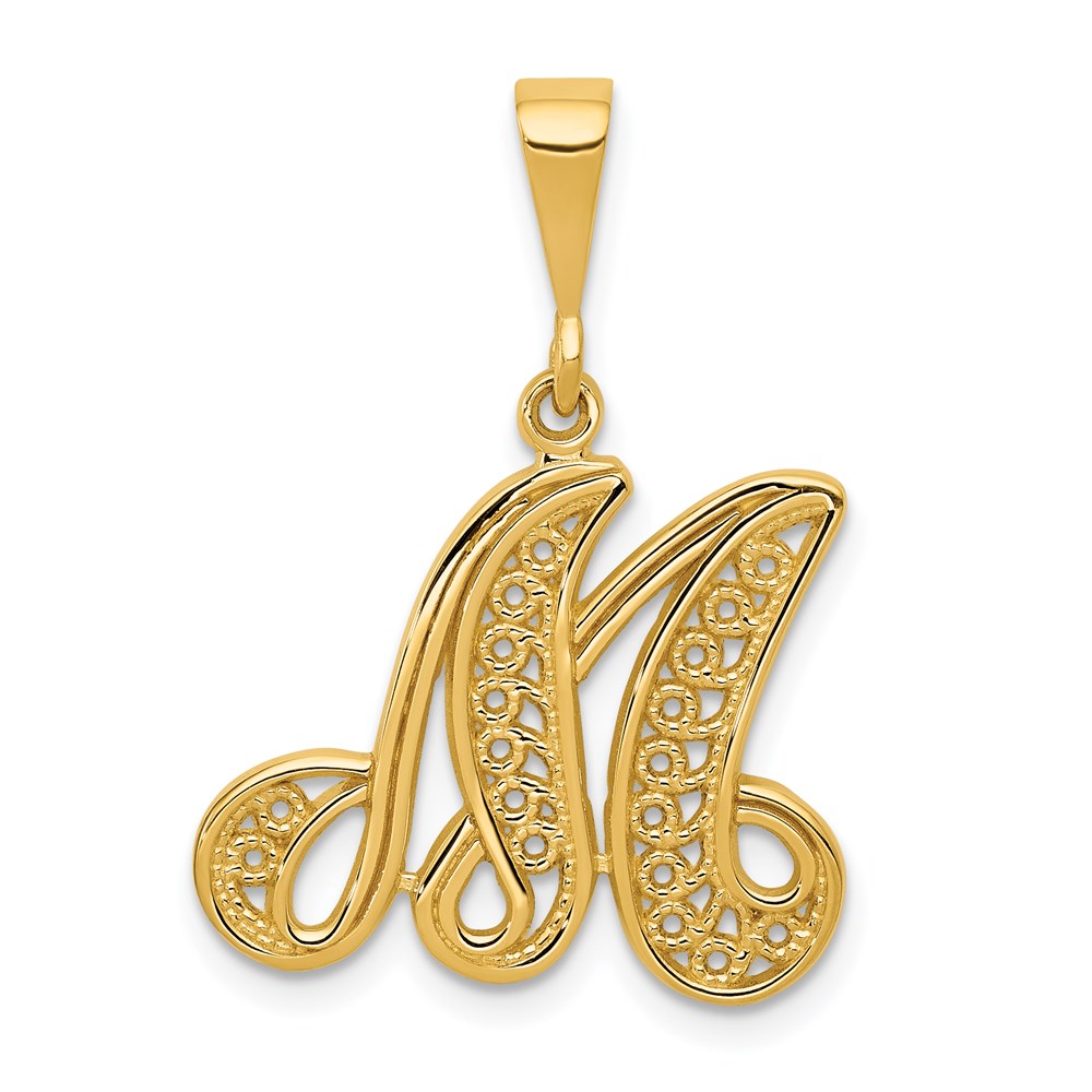 C569M.jpg 14KY Polished Script Filigree Letter M Initial Pendant - Image 1