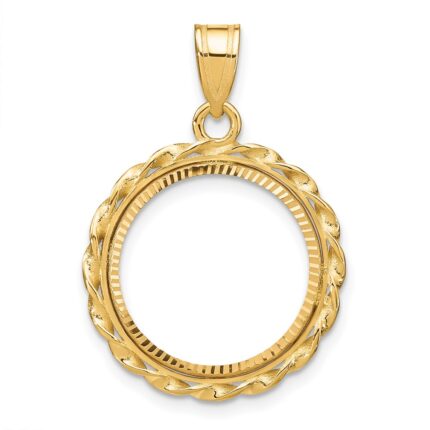 Wideband Distinguished Coin Jewelry 14k Polished Diamond-cut and Wide Twisted Wire 16.5mm Prong Coin Bezel Pendant