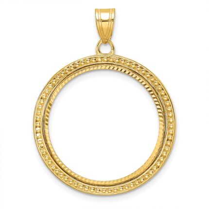 Wideband Distinguished Coin Jewelry 14k Polished Beaded and Diamond-cut 22.0mm Prong Coin Bezel Pendant