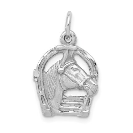 14k White Gold Satin Diamond-cut Horse Head in Horseshoe Charm