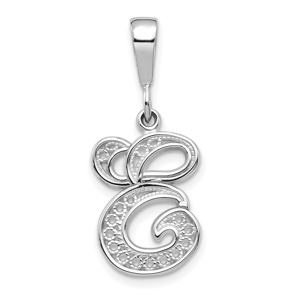D1281E.jpg 14KW White Gold Solid Polished Script Filigree Letter E Initial Pendant - Image 1