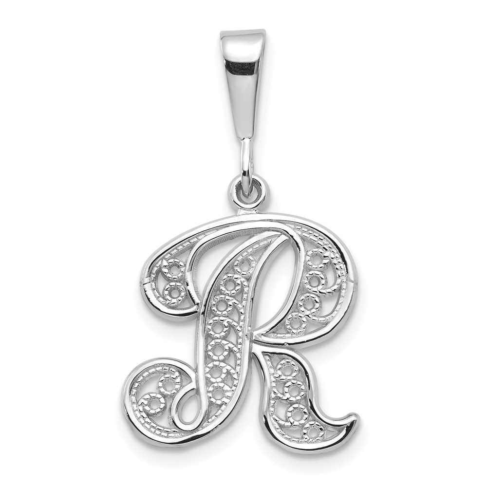 D1281R.jpg 14KW White Gold Solid Polished Script Filigree Letter R Initial Pendant - Image 1