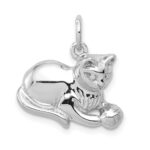 14k White Gold Solid Polished Open-Backed Cat with Ball Charm