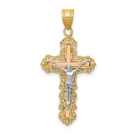 14K Tri-color Diamond-cut Filigree Crucifix Pendant