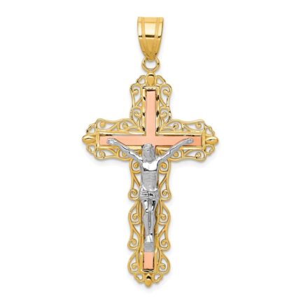 14K Tri-color Diamond-cut Filigree Crucifix Pendant