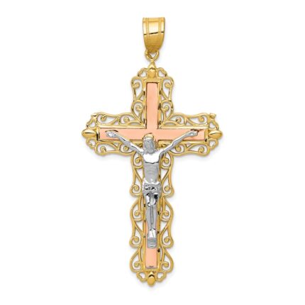 14K Tri-color Diamond-cut Filigree Crucifix Pendant