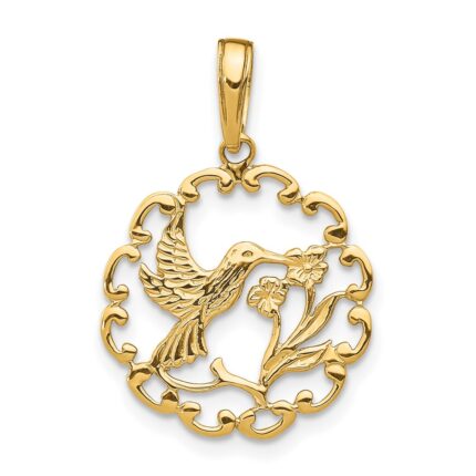 14K Hummingbird with Flower Round Scalloped Frame Pendant