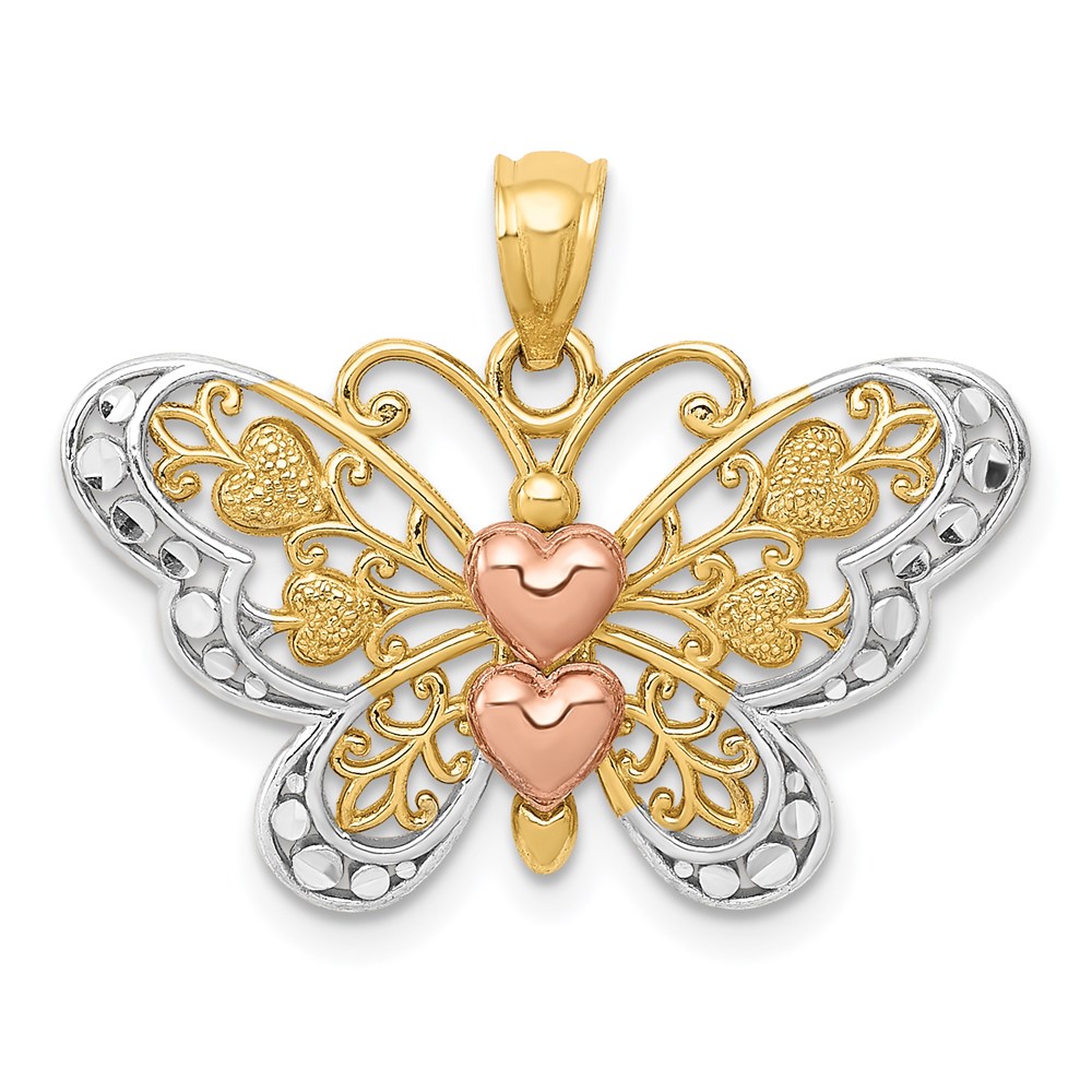 D4201.jpg 14k Two-tone with White Rhodium Butterfly with Hearts Pendant - Image 1