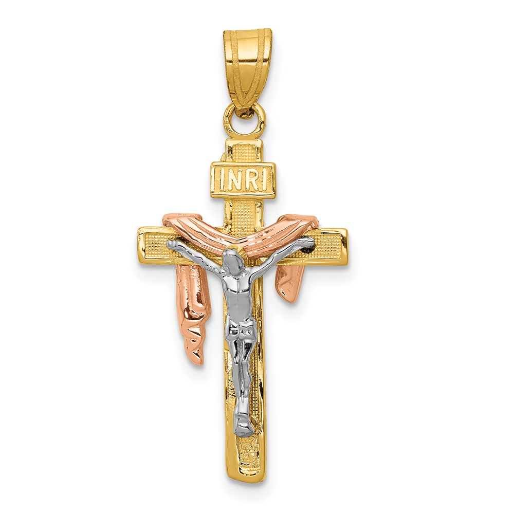 D4323.jpg 14K Tri-color Diamond-cut Small Draped INRI Crucifix Pendant - Image 1