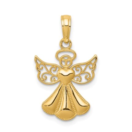 14K Polished and Textured Guardian Angel with Heart Pendant