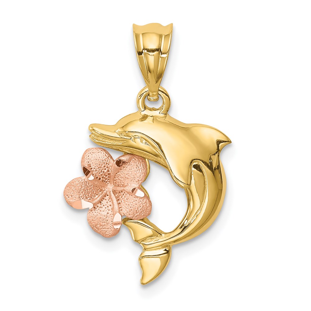 D4493.jpg 14K Two-tone Brushed and Polished Diamond-cut Plumeria with Dolphin Pendant - Image 1