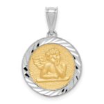 14K Two-tone Polished and Diamond-cut Bezel Angel Round Pendant