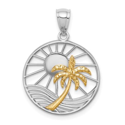 14K Two-tone Sun and Palm Tree in Circle Pendant