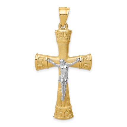 14K Two-tone Brushed and Polished Greek Key Crucifix Pendant