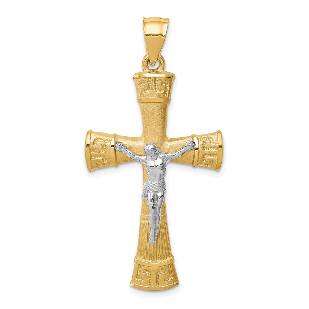 D4658.jpg 14K Two-tone Brushed and Polished Greek Key Crucifix Pendant - Image 1