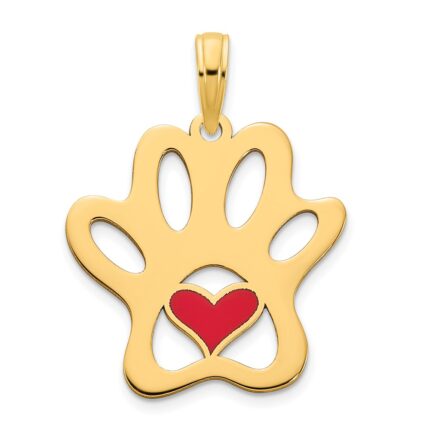 14k Red Epoxy Paw Print with Heart Pendant