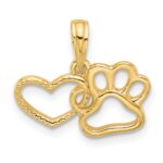 14K Polished Cut-out Heart and Paw Print Charm