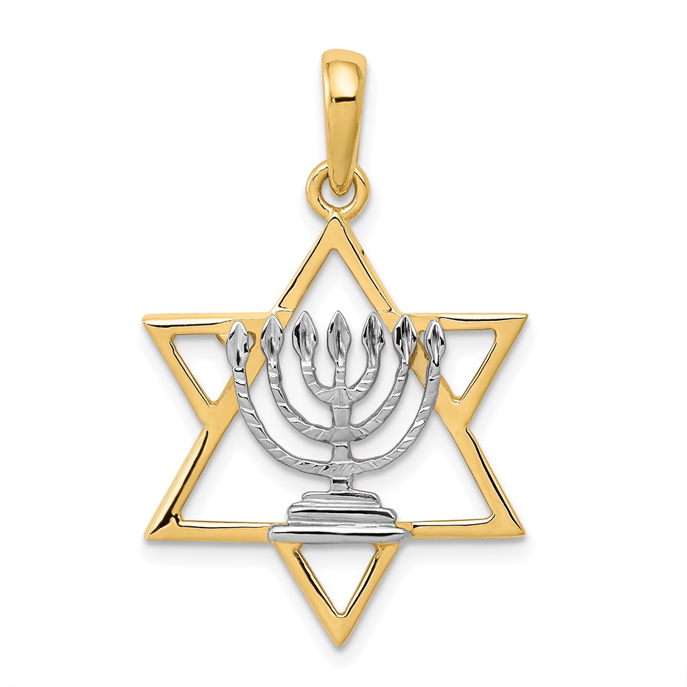 D896.jpg 14K and White Rhodium Solid Menorah In Star Of David Charm - Image 1