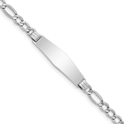 14K White Gold Polished Semi-Solid Chain/Solid Plate Figaro Link Soft Diamond Shape 34x10mm Plate 7 inch ID Bracelet