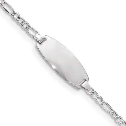 14k White Gold Polished Semi-Solid Chain/Solid Plate Figaro Link Oval 18.5x8.5mm Plate 6 inch Baby/Child ID Bracelet