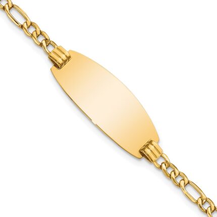 14k Polished Semi-Solid Chain/Solid Plate Figaro Link Oval 25x11.2mm Plate 7 inch ID Bracelet