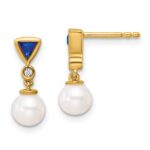 14K White Round Freshwater Cultured Pearl/.02 carat Diamond/Trillion Sapphire Dangle Post Earrings