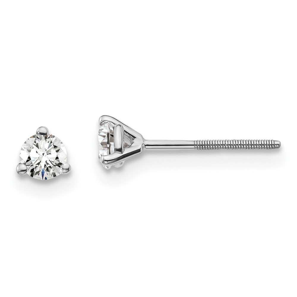 EM1007S-025-8WAA.jpg 18k White Gold 1/4 carat Lab Grown Diamond VS+ F+ Round Complete Three Prong Screwback Stud Earrings - Image 1