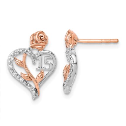 14K White and Rose Gold Diamond Quinceanera Heart Post Earrings