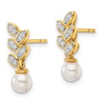 14K Polished 1/10 carat Diamond and White Freshwater Cultured Pearl Leaf Design Dangle Post Earrings - Image 2