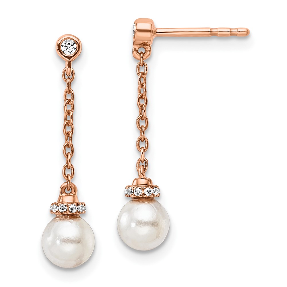 EM10183-009-RAA.jpg 14K Rose Gold Polished 1/10 carat Diamond and White Freshwater Cultured Pearl Chain Dangle Post Earrings - Image 1