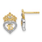 14K Two-tone Polished Diamond Quinceanera Heart/Crown Post Earrings