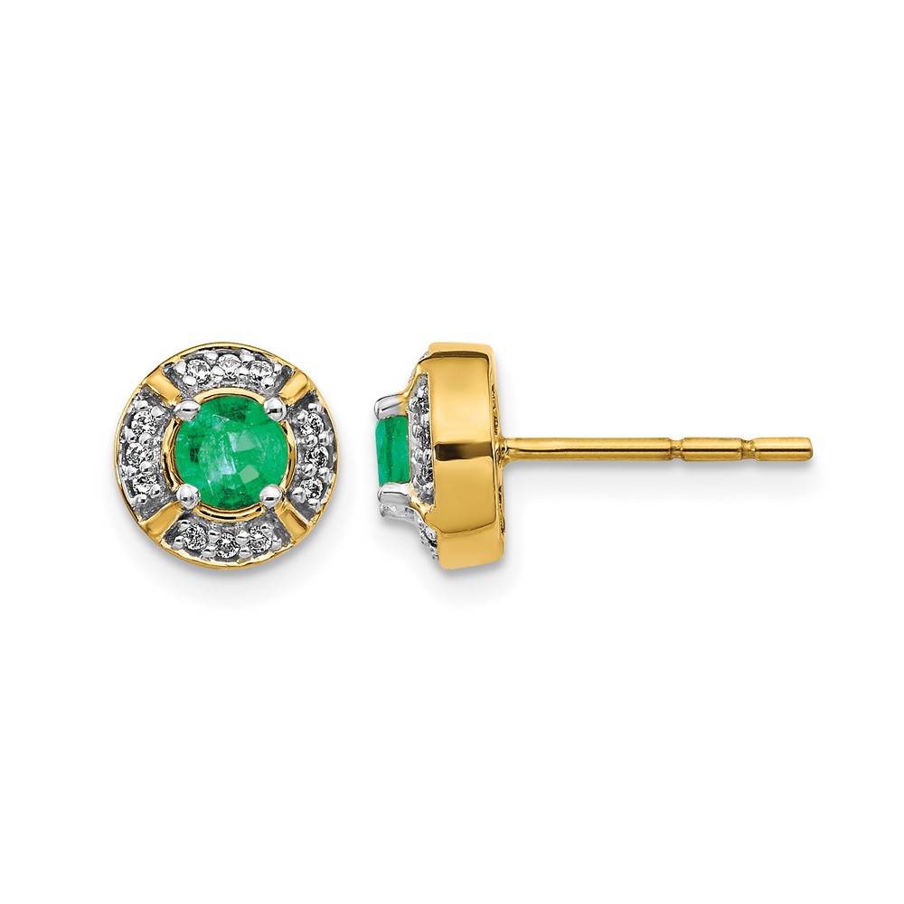 EM3922-EM-012-YA.jpg 14k 4.1mm Round Emerald and Diamond Halo Post Earrings - Image 1