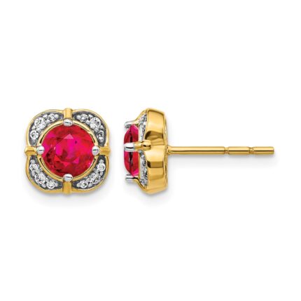 14k 5.2mm Round Ruby and Diamond Fancy Square Post Earrings