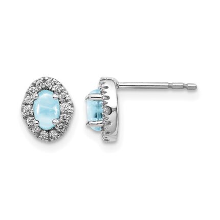14k White Gold 5x3mm Oval Aquamarine Cabochon and Diamond Halo Post Earrings