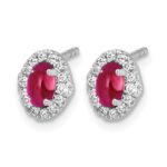 14k White Gold 5x3mm Oval Ruby Cabochon and Diamond Halo Post Earrings - Image 2