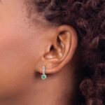 14k White Gold 3mm Round Emerald Cabochon and Diamond Halo Dangle Post Earrings - Image 3